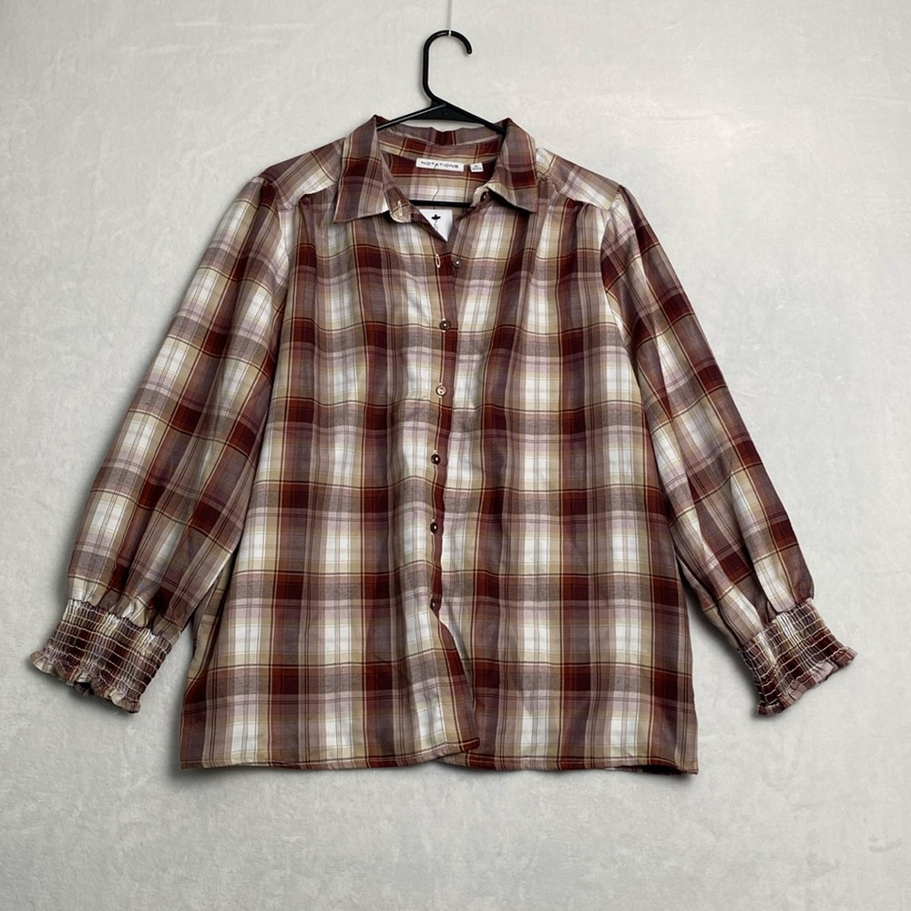 New Notationns Women’s XL Button Up Top Brown and White Ruffle Sleeve